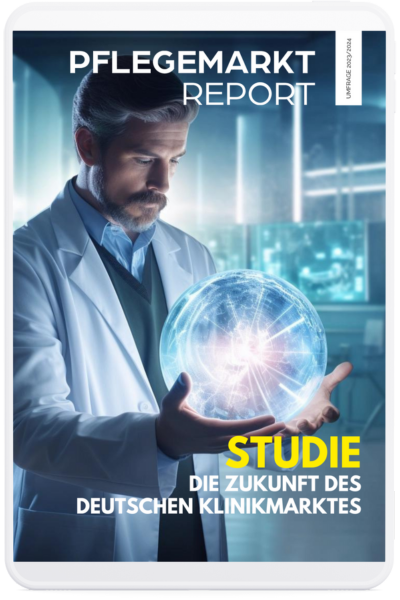 Cover der Studie namens Die Zukunft des Deutschen Klinikmarktes auf einem Tablet